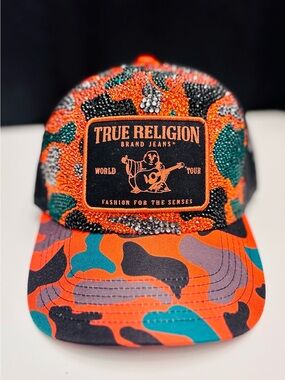 True Religion Orange Black Teal Camo Embellished Trucker Hat